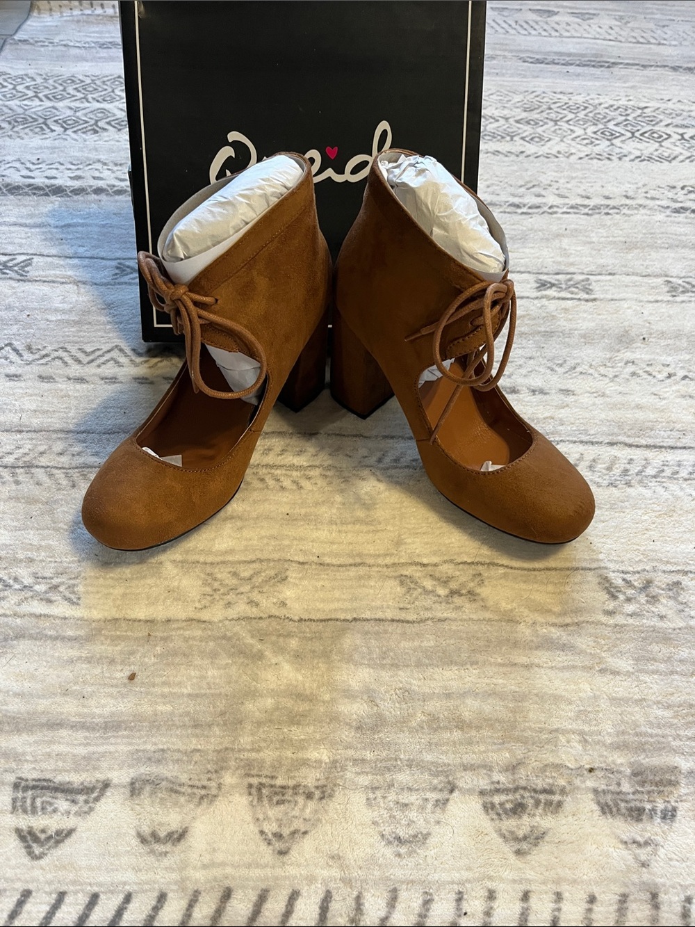 Qupid Chestnut Suede Lace-Up Block Heel Pumps